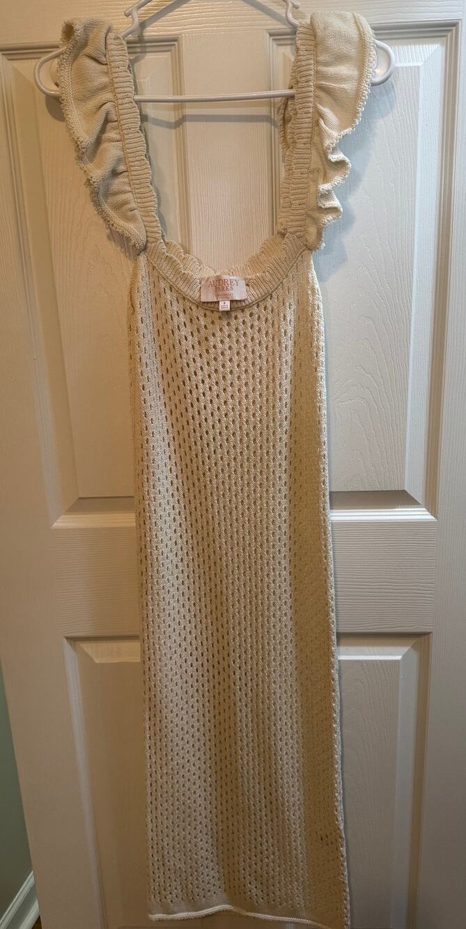 Cream Crochet Knit Ruffle Strap Dress or Coverup Size Small